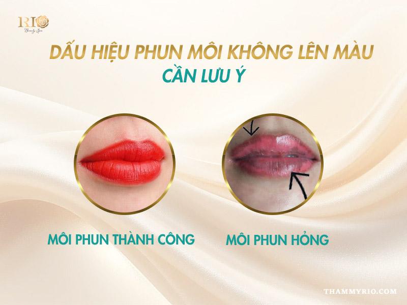 Nhận biết dấu hiệu phun môi thành công và không lên màu 5 So sánh dấu hiệu phun môi thành công và môi phun hỏng rõ rệt.