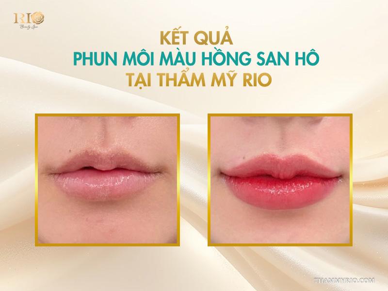 Phun môi màu hồng san hô - Cập nhật bảng giá mới nhất 2026 9 Môi sau phun màu hồng san hô chuẩn tone, lên màu đều và mềm mịn.