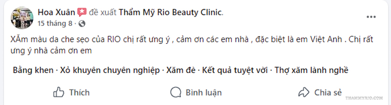 Khách hàng đánh giá spa phun xăm Thẩm Mỹ Rio chất lượng, uy tín và tận tâm