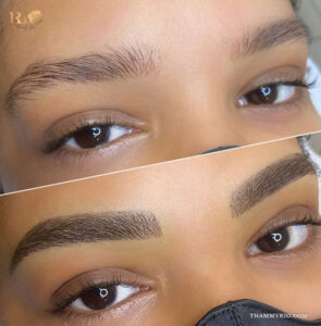 Before and after comparison of 3d microblading results showing natural hair-like strokes for thin eyebrows.