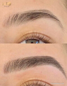 Before and after comparison of 3d microblading results showing natural hair-like strokes for thin eyebrows.