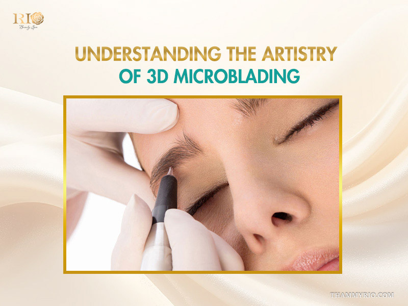 Professional technician performing 3d microblading technique on a client's eyebrow at Rio Beauty Spa.