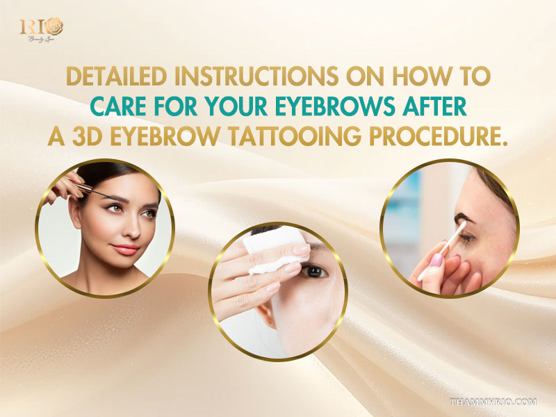 Three illustrations showing how to clean and care for eyebrows after 3d microblading procedure.