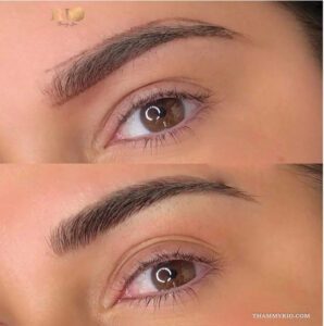 Before and after comparison of 3d microblading results showing natural hair-like strokes for thin eyebrows.