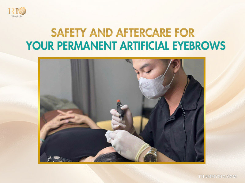 Cosmetic eyebrows: what to know before choosing 6 Professional technician performing a safe cosmetic eyebrows procedure with protective gear.