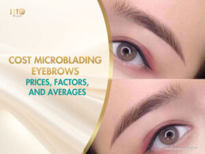 Close-up of professional microblading results showing hair-like strokes for natural eyebrows and cost microblading info.