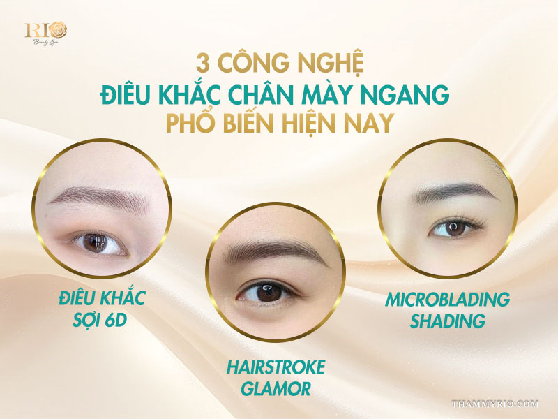 (6D, Hairstroke Glamor, Microblading shading).3 công nghệ điêu khắc chân mày ngang phổ biến