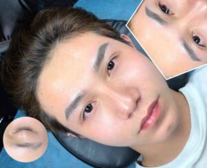 Natural microblading eye brows for men showing before and sau transformation.