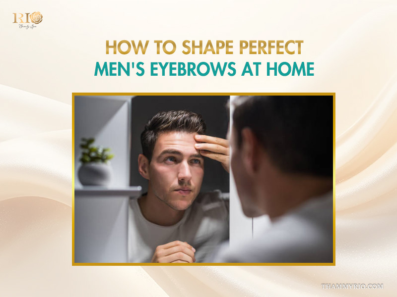 A man looking in the mirror learning how to shape perfect eye brows for men at home.
