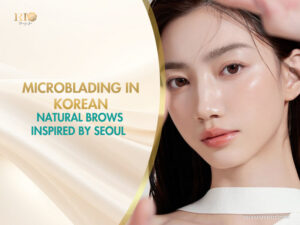 A young woman with natural microblading in Korean style showing soft and straight eyebrows.