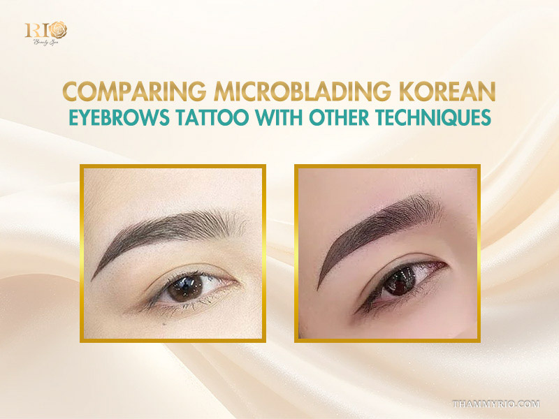 Microblading in Korean: Natural brows inspired by Seoul 4 Side-by-side comparison of microblading in Korean eyebrow tattoo and other shading techniques.