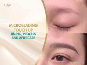 Close up of eyebrow before and after a microblading touch up session showing improved shape and density.