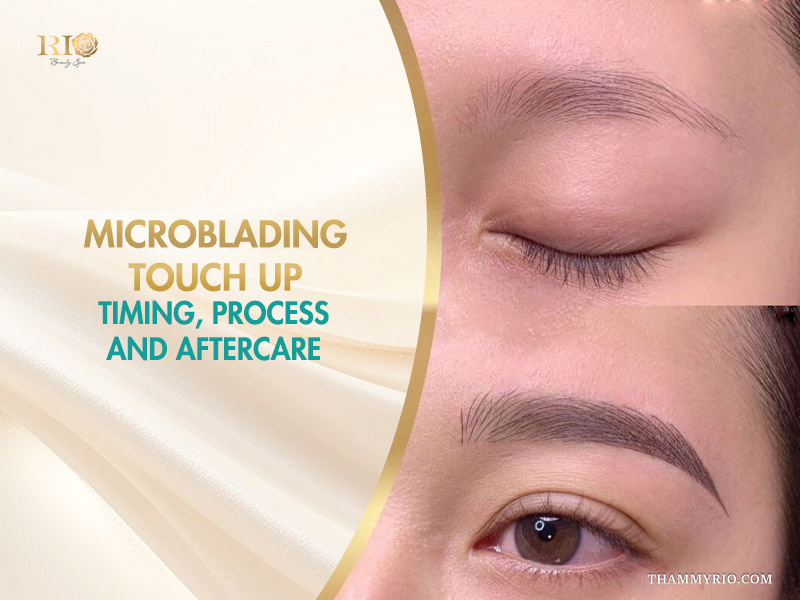 Close up of eyebrow before and after a microblading touch up session showing improved shape and density.