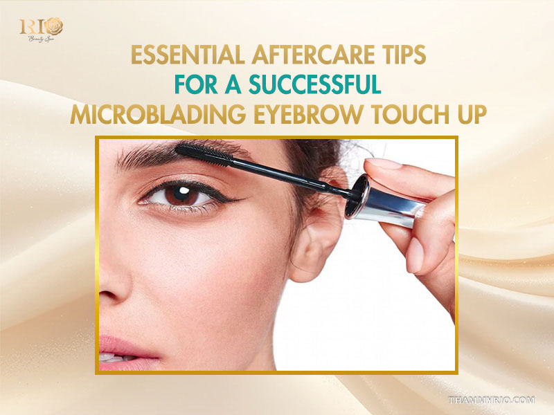 Close up of a woman's eye and eyebrow with a brush illustrating essential aftercare for a microblading touch up.