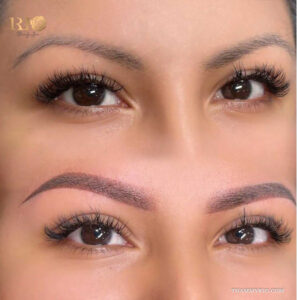 Before and after comparison of eyebrow microshading showing transformation from sparse to full brows.