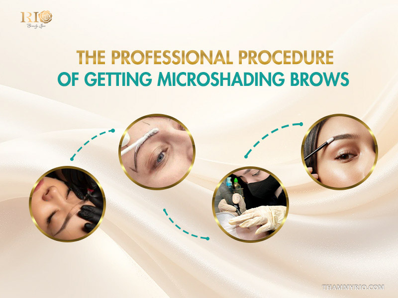 Step-by-step professional procedure of getting microshading brows at a beauty spa.