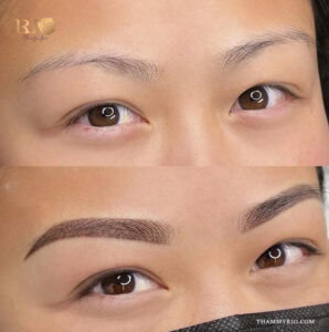 Before and after comparison of eyebrow microshading showing transformation from sparse to full brows.