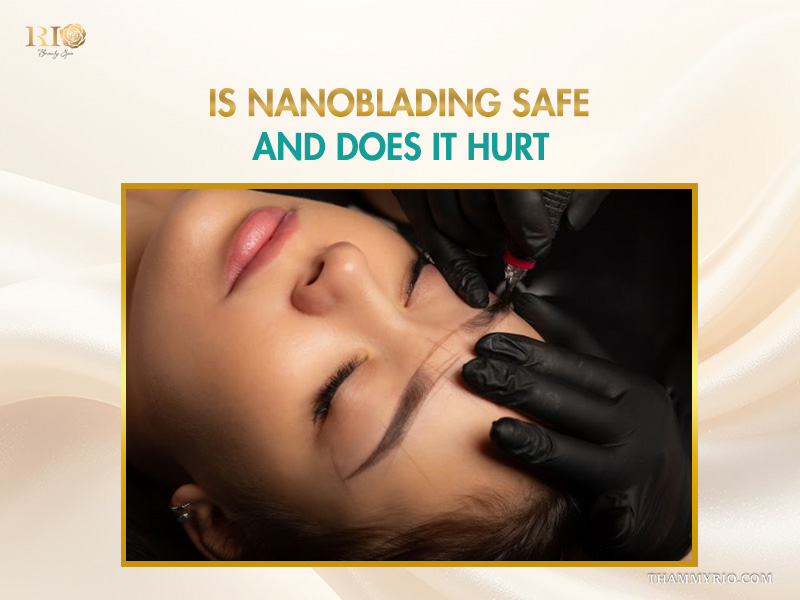 A professional technician performing a nanoblading procedure on a client's eyebrows to ensure safety and comfort.