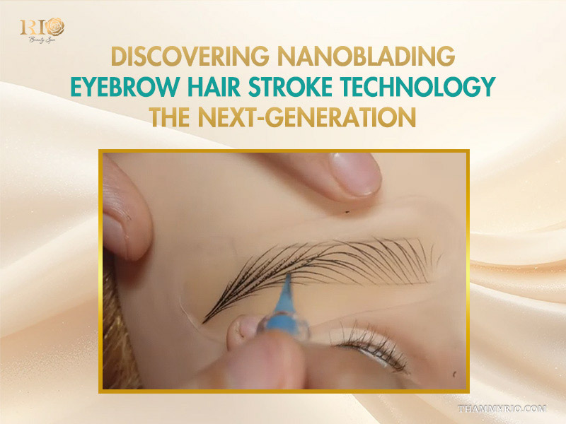 Professional nanoblading eyebrow hair stroke technique being performed on a practice skin model.