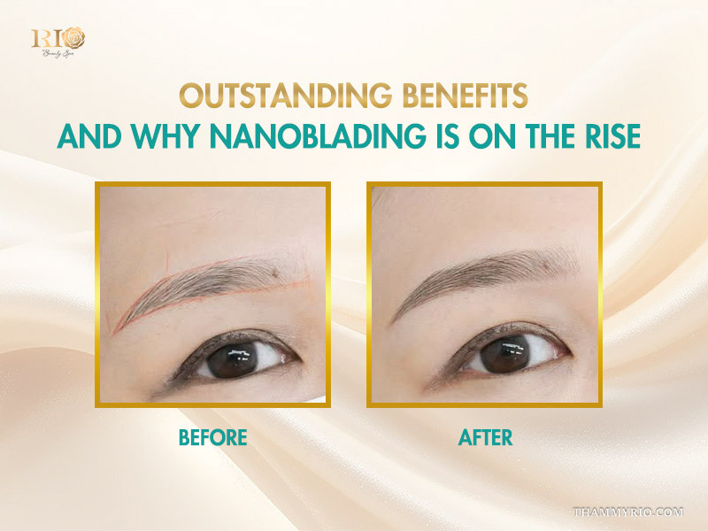 Before and after results of a professional nanoblading eyebrow treatment showing natural hair-like strokes.