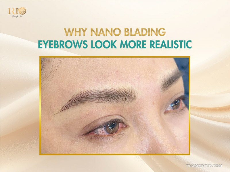 Close-up of realistic eyebrow hair strokes created with next-generation nanoblading technology.