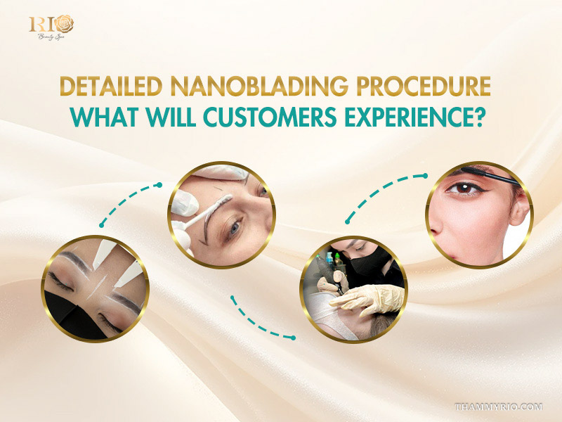 Detailed nanoblading procedure steps from mapping to final eyebrow hair stroke results.