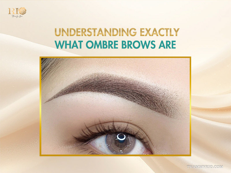 Close-up of ombre brows technique showing soft pixelated shading and natural gradient effect on a woman's eyebrow.