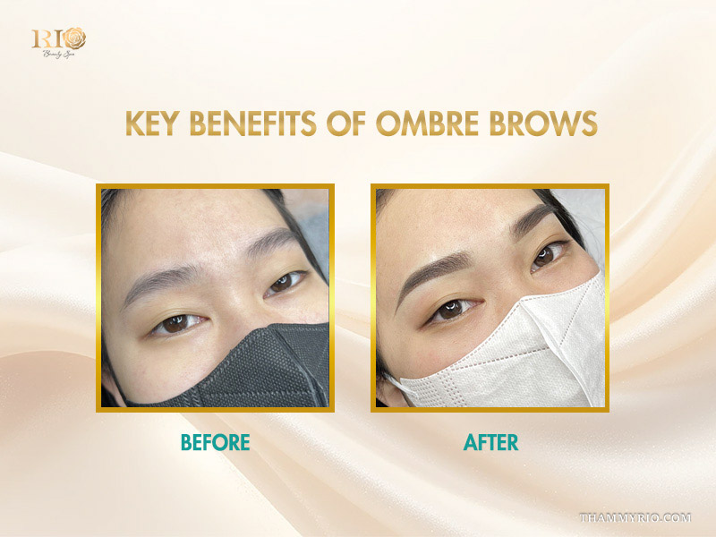 This visual guide explains exactly what ombre brows are, highlighting the transition from a lighter bulb to a darker tail. The image focuses on the fine pixelation that mimics a soft makeup look, ideal for all skin types.