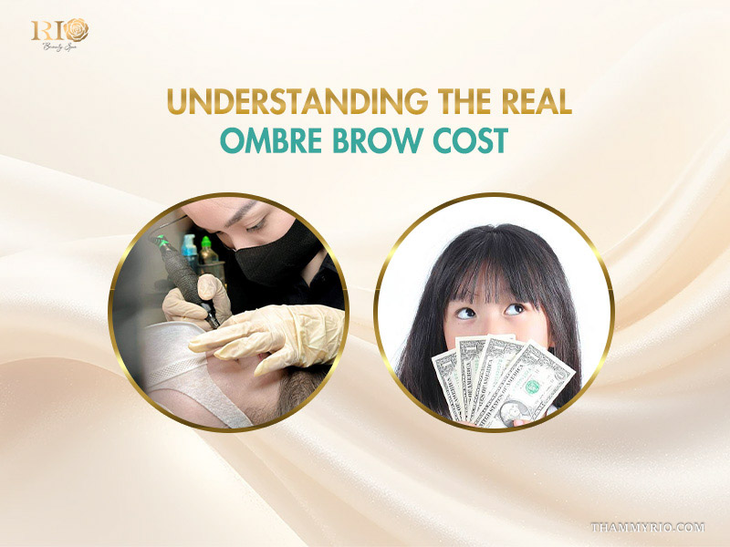 Professional technician performing eyebrow procedure and a person holding money to illustrate understanding the real ombré brows cost.