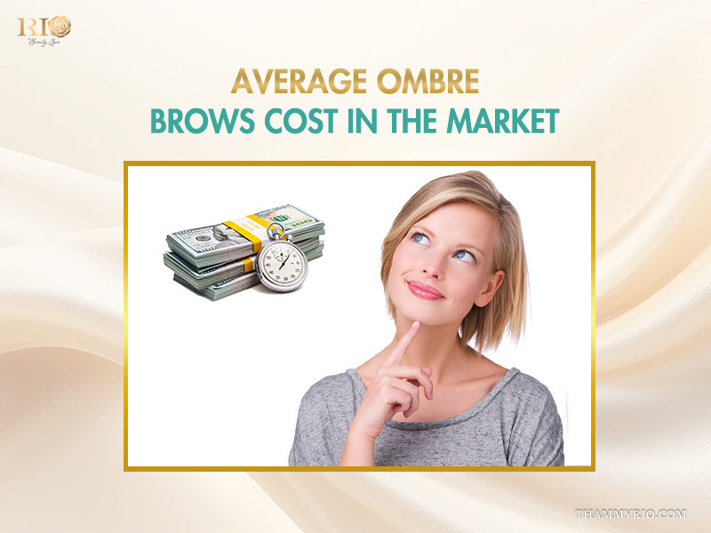A woman thinking about the average ombré brows cost in the market with an illustration of money and a stopwatch.