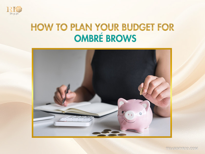 A person planning a budget for ombré brows cost with a piggy bank and calculator.
