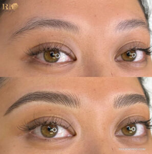 Real before and after results of a permanent brow treatment showcasing natural hair-like strokes.