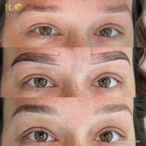 Real before and after results of a permanent brow treatment showcasing natural hair-like strokes.
