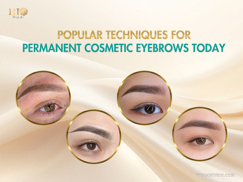 Four examples of popular techniques for permanent cosmetic eyebrows shown in close-up circles.