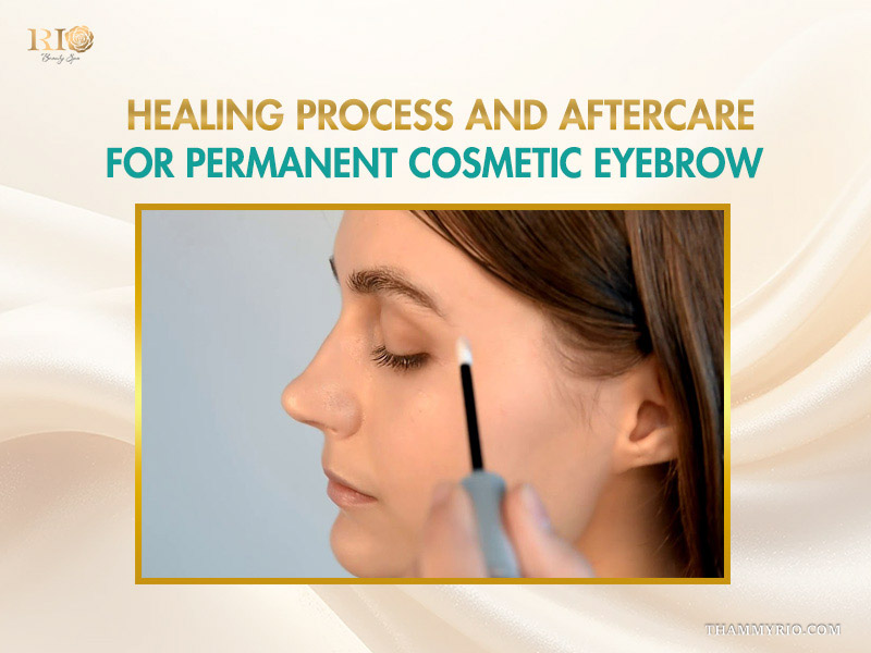 A woman receiving aftercare treatment for permanent cosmetic eyebrows at Rio Beauty Spa.