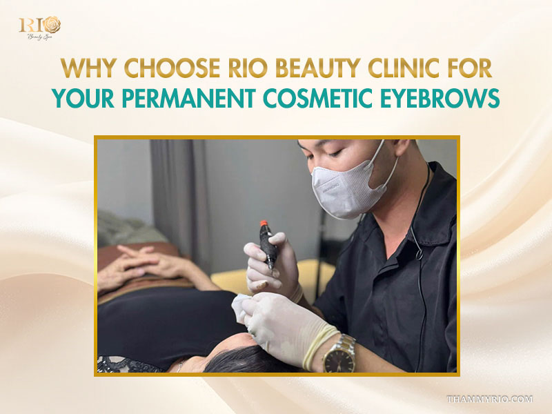 A professional technician performing a permanent cosmetic eyebrows procedure on a client at Rio Beauty Clinic.