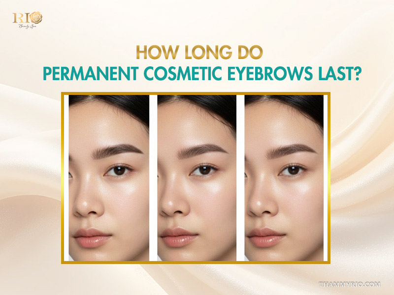 A comparison showing the fading process of permanent cosmetic eyebrows over time on a woman's face.