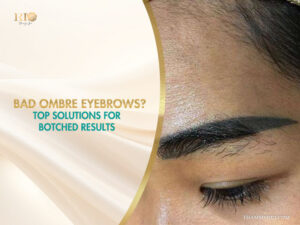 Close-up of bad ombre eyebrows with harsh edges and unnatural pigment distribution.