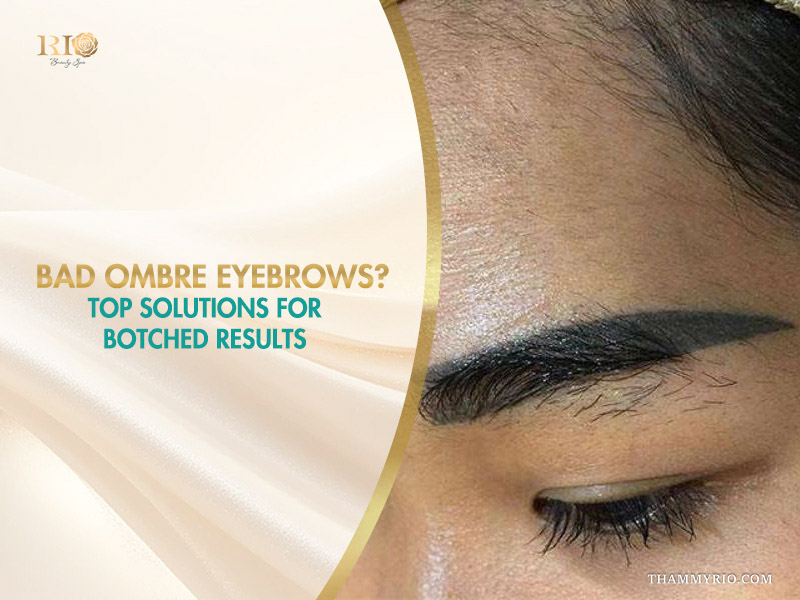 Close-up of bad ombre eyebrows with harsh edges and unnatural pigment distribution.