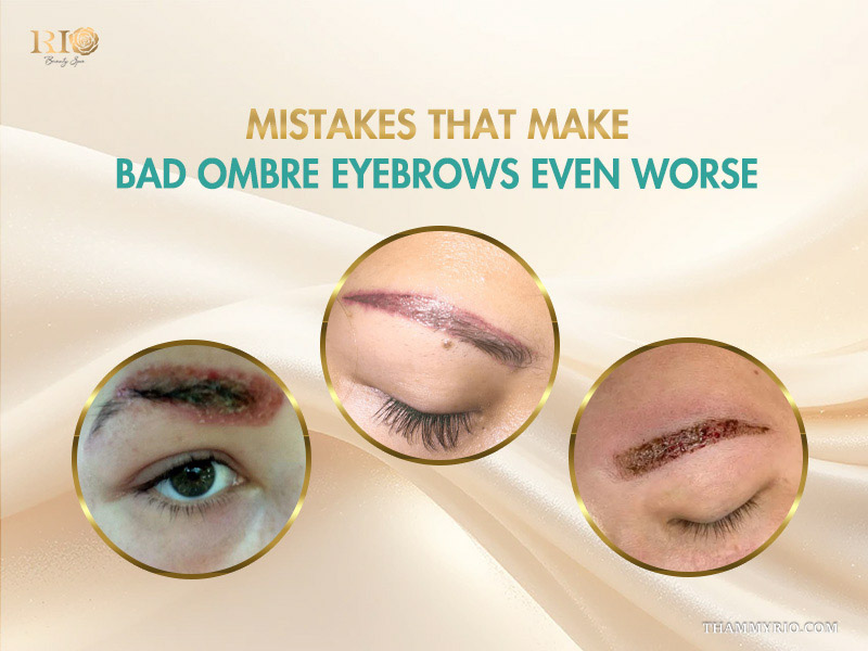 Close-up photos of severely damaged and irritated skin caused by bad ombre eyebrows.