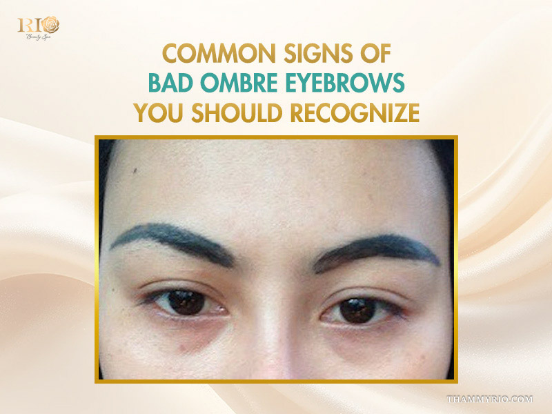 Close-up of a person with dark, unnatural, and poorly shaped bad ombre eyebrows showing harsh lines and blue-grey discoloration.