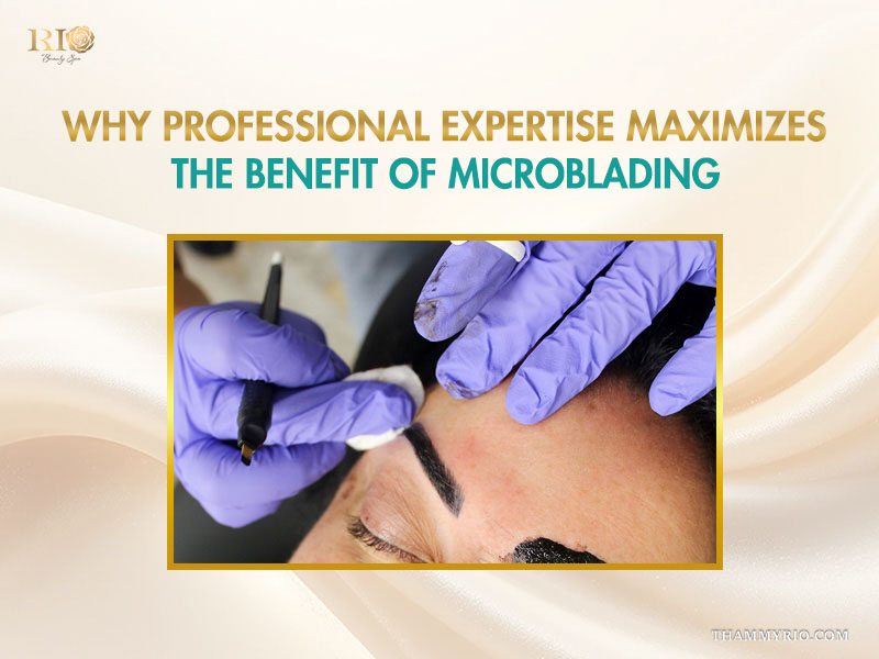 A close-up of a professional technician carefully performing a brow treatment to maximize the benefit of microblading.