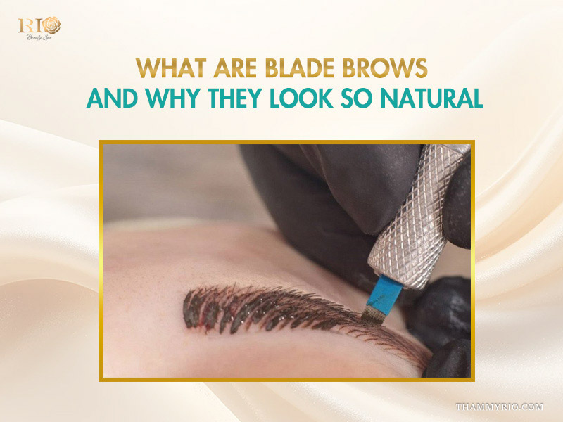 Close-up of a technician performing the blade brows technique to create natural hair-like strokes on an eyebrow.