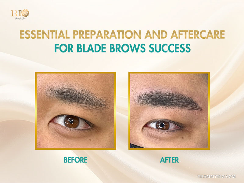 Before and after comparison of a man with sparse eyebrows transformed by blade brows technique.