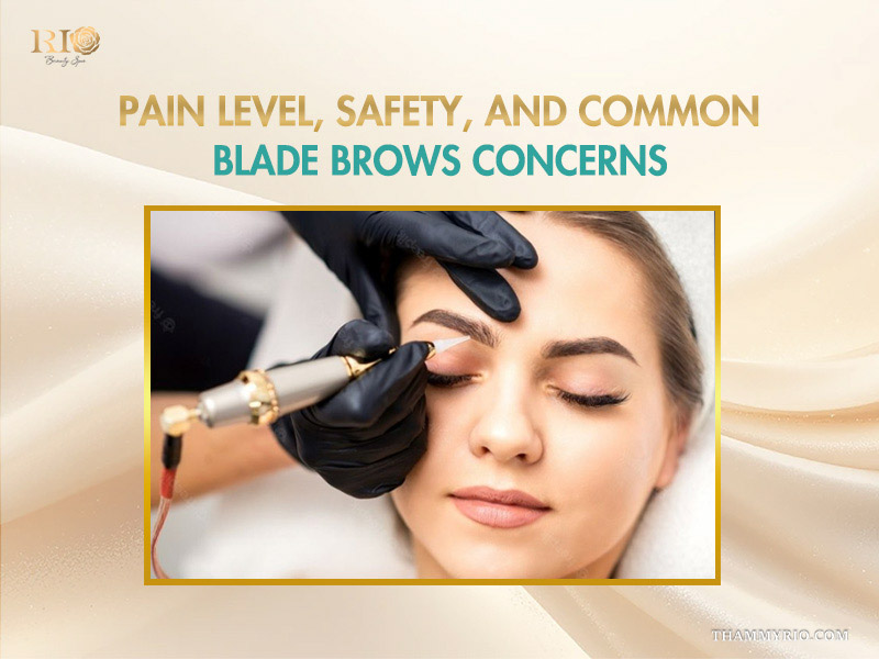 Professional technician performing a safe and painless blade brows procedure for a female client.