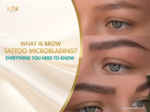 Before and after results of brow tattoo microblading showing natural hair-like strokes for fuller eyebrows at Rio Beauty Spa.