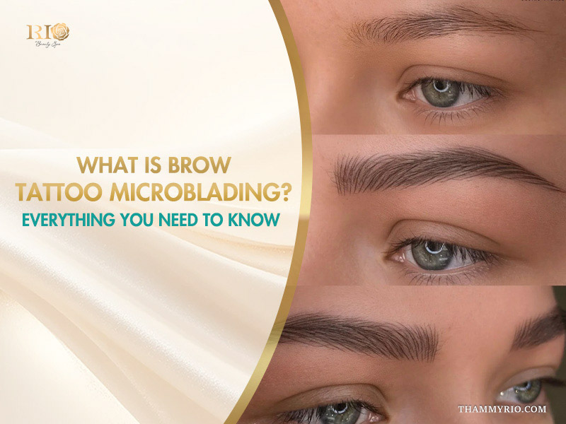 Before and after results of brow tattoo microblading showing natural hair-like strokes for fuller eyebrows at Rio Beauty Spa.