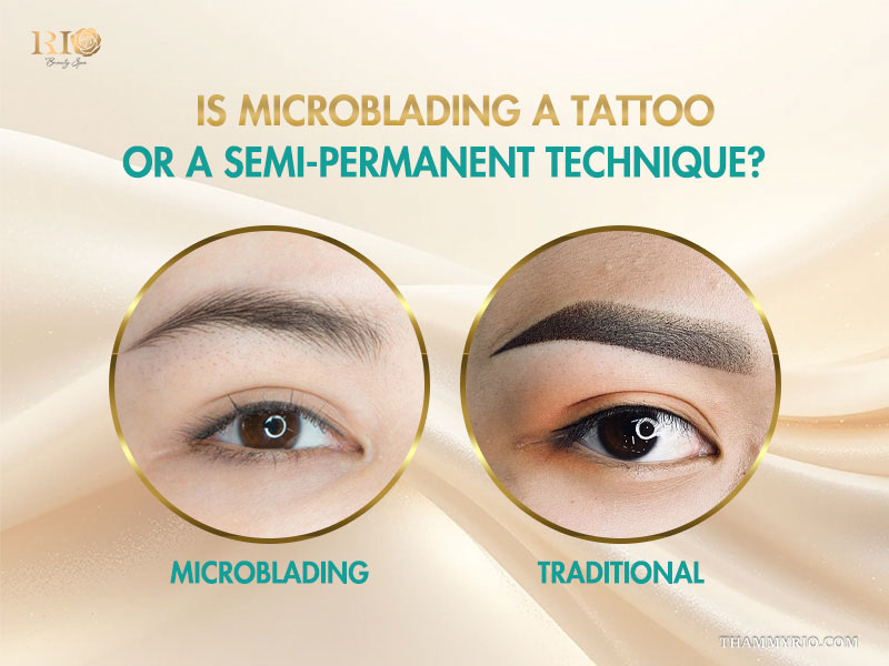 Comparison between brow tattoo microblading hair strokes and traditional eyebrow tattoo techniques at Rio Beauty Spa.