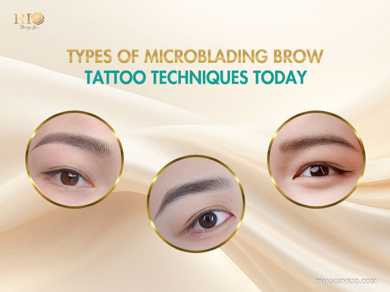 Three different types of brow tattoo microblading techniques showcasing various natural eyebrow shapes and styles.