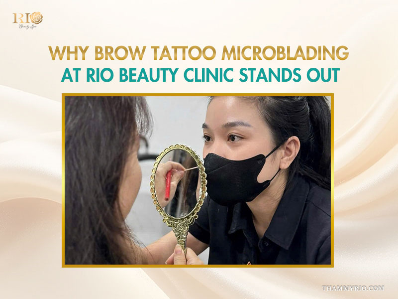 Professional consultant at Rio Beauty Clinic performing a brow tattoo microblading consultation.